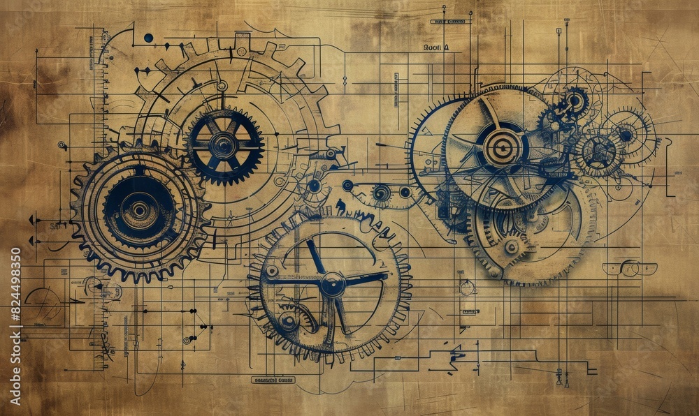 Fototapeta Vintage Blueprint-Style Illustration of Various Cogs and Gears