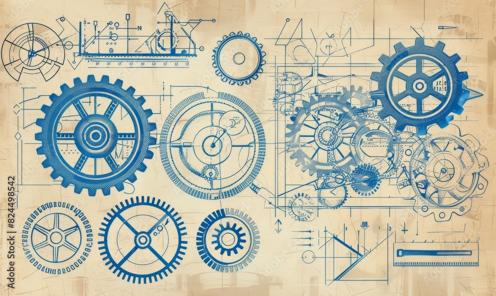 Fototapeta Vintage Blueprint-Style Illustration of Various Cogs and Gears