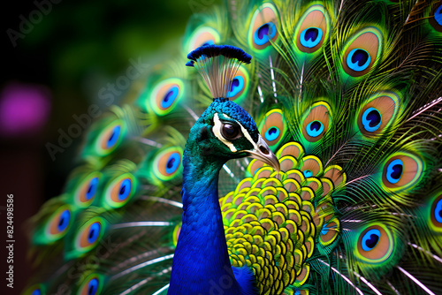 Beautiful peacock photo, close-up portrait.