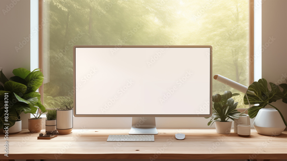 A white screen computer mockup on a desk in living room. A white screen computer mockup on a desk in living room.