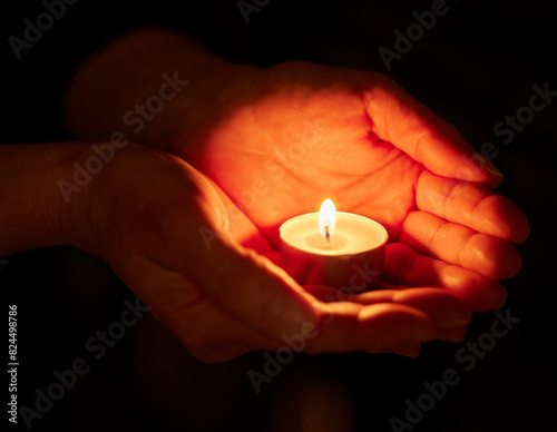 Hands, dark and person with candle, burning and faith with religion on studio background. Closeup, model or human with open palms, fire or night with support, spiritual or ritual for offering or hope
