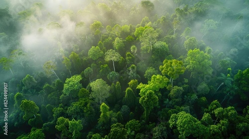 Aerial view of lush green rainforest canopy enveloped in mist, showcasing the dense, vibrant foliage and natural beauty of the jungle landscape. photo