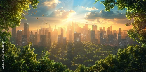 Futuristic city skyline with skyscrapers and buildings made of trees, green forest landscape, blue sky, golden hour lighting, fantasy style.