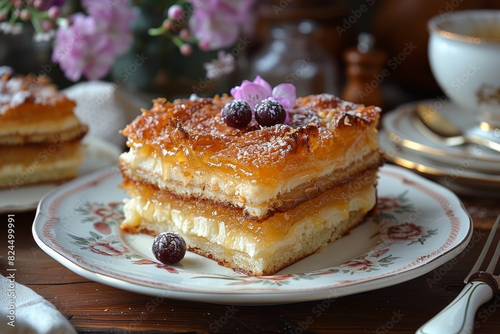 Bienenstich - Bee sting cake with a honey-almond topping and creamy filling. Bienenstich - Bee sting cake with a honey-almond topping and creamy filling.