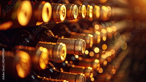 commercial photo, close-up, wine cellar bottles, bottom view, soft light