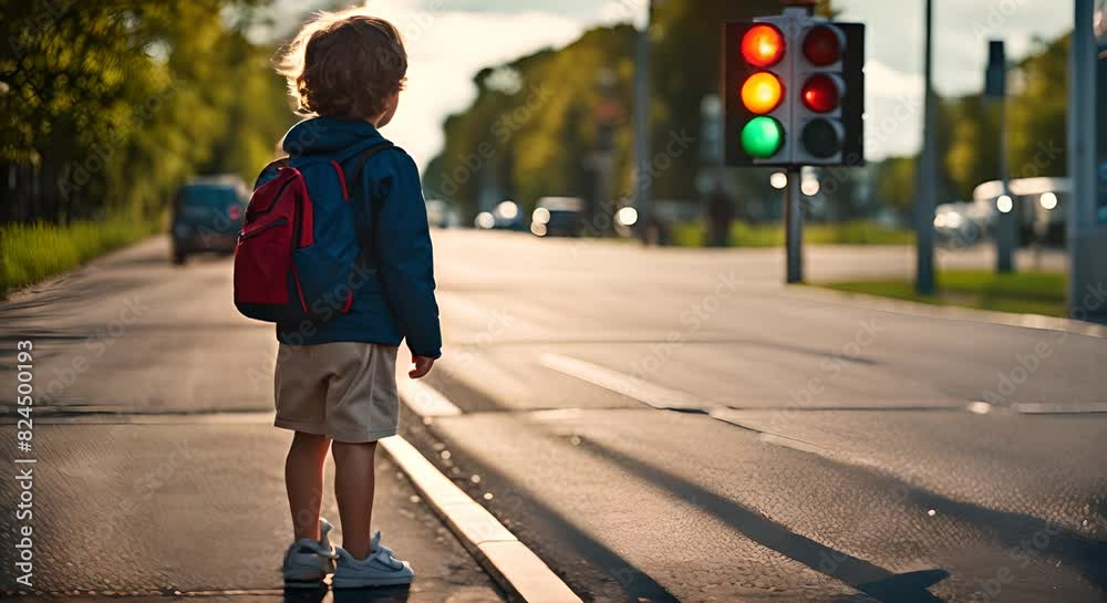 Child crossing a traffic light.