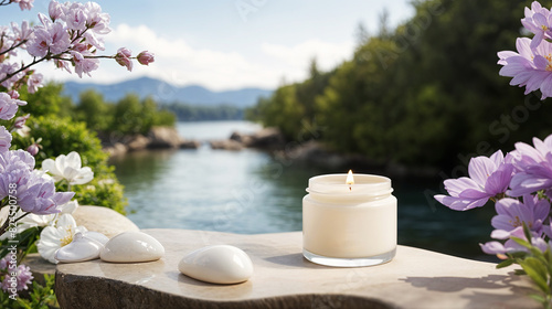 Design an image that communicates relaxation and tranquility. Feature the skincare cream alongside serene scenes  such as a spa setting or a peaceful nature backdrop.