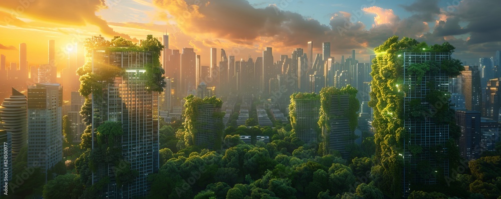 Fantasy city skyline, futuristic skyscrapers made of trees, green forest, golden hour, blue sky, high resolution 3D rendering