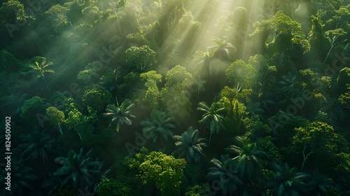 Mystical Morning Light Filtering Through a Lush Green Forest Canopy