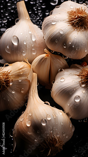 fresh garlic adorned with glistening raindrops of water background poster  photo