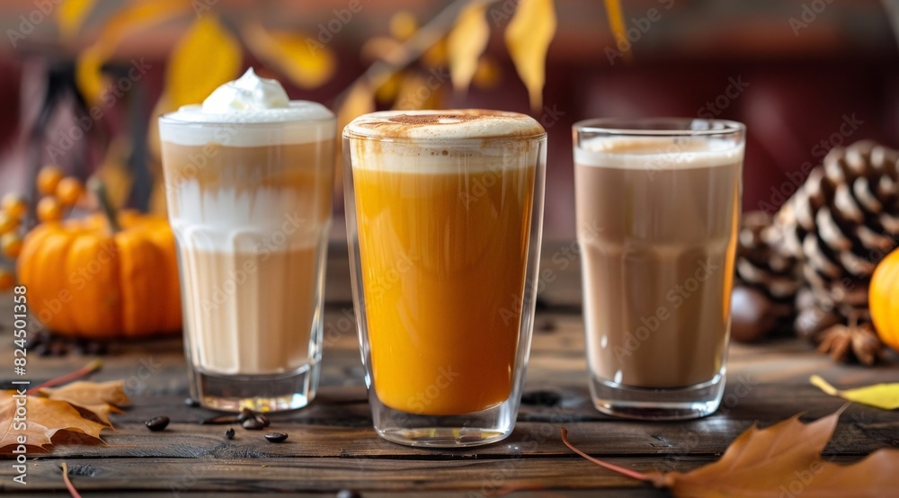 Cozy autumn coffee drinks on wooden table Cozy autumn coffee drinks on wooden table