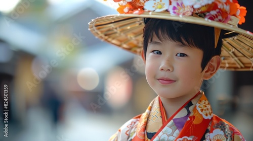 A boy wears a traditional Japanese kimoto to celebrate the Shichiko-san Festival. photo
