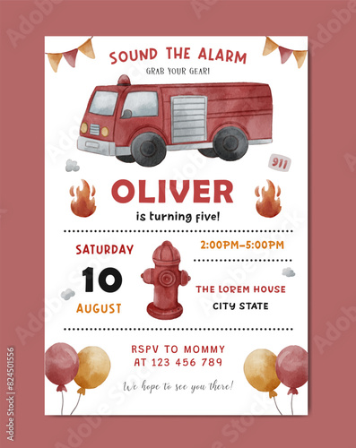 Birthday with firefighter theme watercolor invitation template