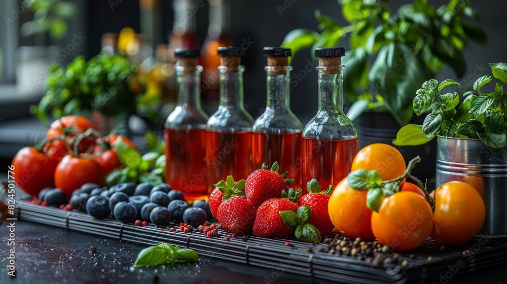Bottles of aromatic essences surrounded by colorful fresh fruits and herbs in a kitchen setting Bottles of aromatic essences surrounded by colorful fresh fruits and herbs in a kitchen setting