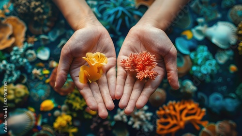 Two hands holding paper cut vibrant coral pieces, one yellow and one orange, with a colorful underwater background filled with various corals, showcasing the beauty and diversity of marine life. photo