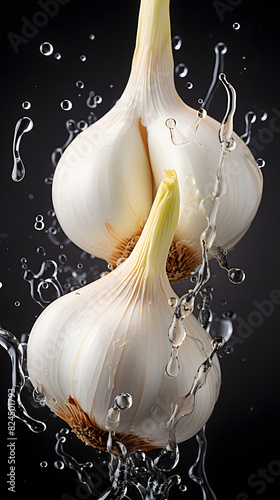 fresh garlic adorned with glistening raindrops of water background poster  photo