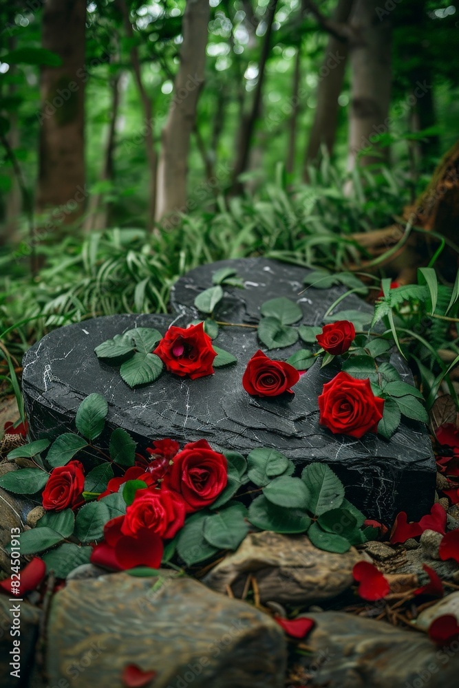 Vibrant red roses on a dark stone slab in a lush forest Vibrant red roses on a dark stone slab in a lush forest