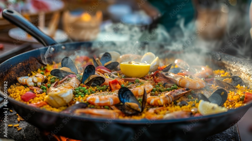 Sizzling seafood paella in a pan Sizzling seafood paella in a pan