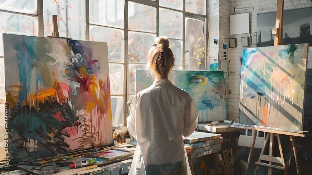 Creative Artist Painting in Sunlit Studio - A Blend of Inspiration and Technique Creative Artist Painting in Sunlit Studio - A Blend of Inspiration and Technique