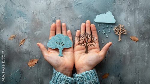 Hands holding paper cutouts of a dead tree and a rain cloud, symbolizing drought and reforestation efforts.