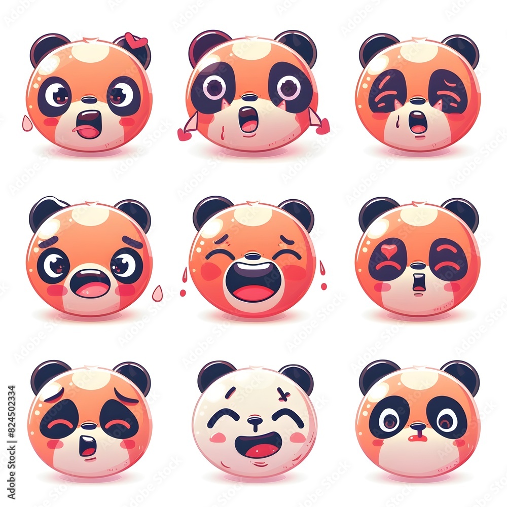 Collection of Adorable Peach Panda Emoticons with Various Expressive Reactions and Gestures in Minimalist Style Collection of Adorable Peach Panda Emoticons with Various Expressive Reactions and Gestures in Minimalist Style