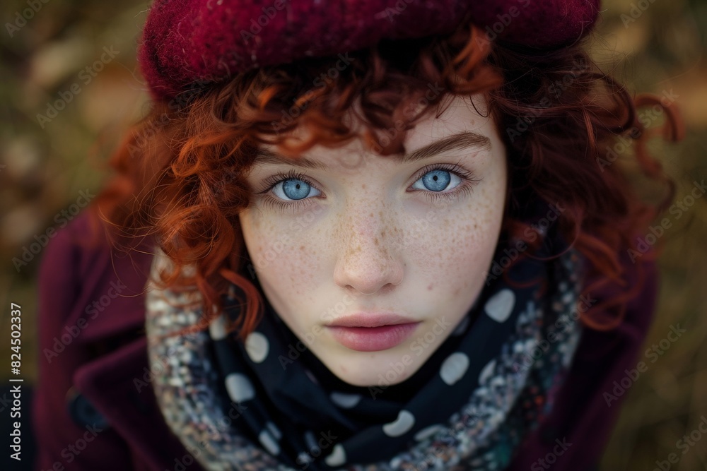 Thoughtful young woman with red curly hair and blue eyes
