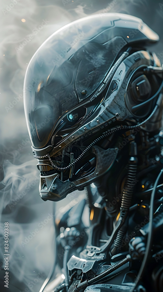 Cinematic Portrayal of a Technologically-Enhanced Extraterrestrial Cyborg Warrior in a Captivating Smoke-Filled Environment Cinematic Portrayal of a Technologically-Enhanced Extraterrestrial Cyborg Warrior in a Captivating Smoke-Filled Environment