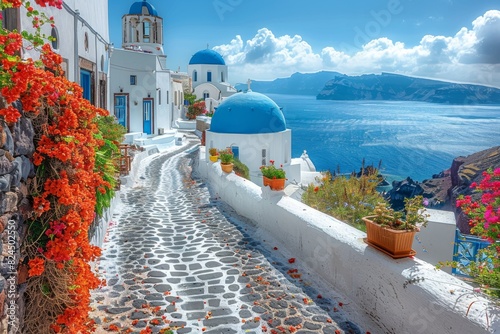 A picturesque view of a cobblestone pathway in Santorini, lined with vibrant flowers and a view of the ocean photo