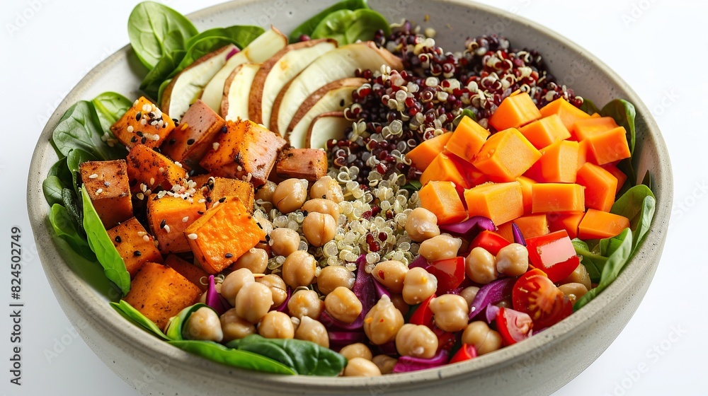 healhty vegan lunch bowl. quinoa, sweet potato, tomato, spinach and chickpeas vegetables salad. healhty vegan lunch bowl. quinoa, sweet potato, tomato, spinach and chickpeas vegetables salad.