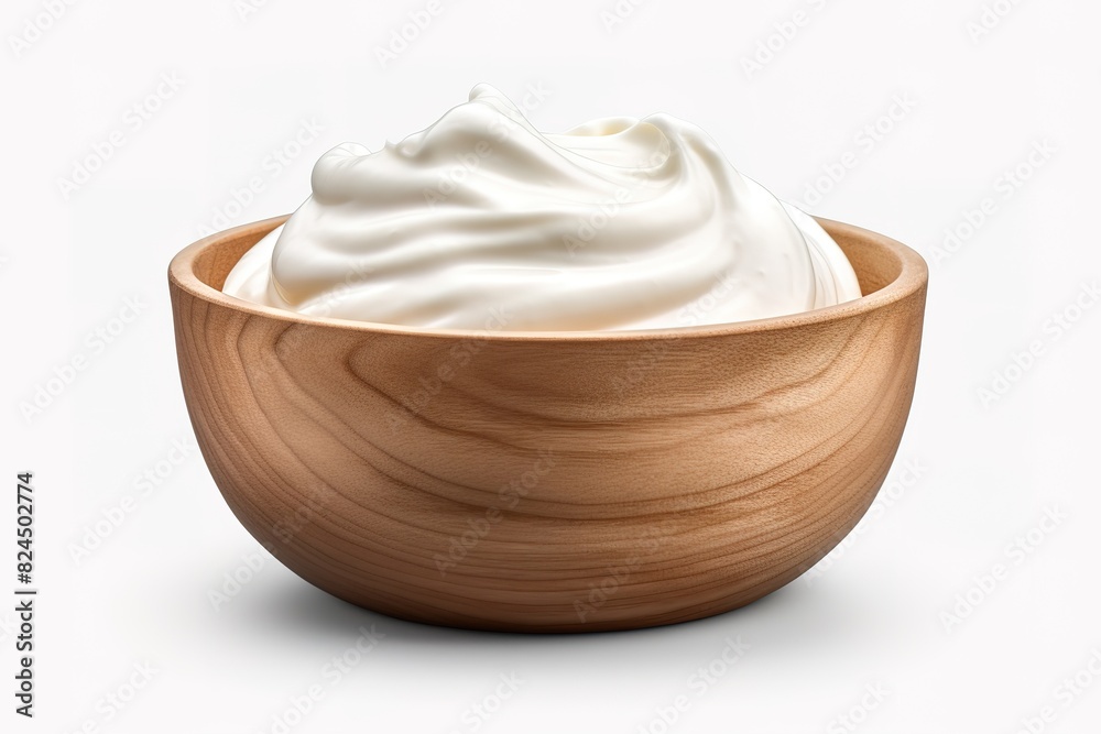 sour cream in wooden bowl and spoon, mayonnaise, yogurt, isolated on white background, clipping path, full depth of field sour cream in wooden bowl and spoon, mayonnaise, yogurt, isolated on white background, clipping path, full depth of field