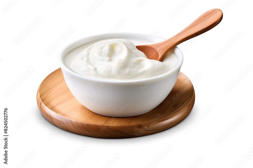 sour cream in wooden bowl and spoon, mayonnaise, yogurt, isolated on white background, clipping path, full depth of field sour cream in wooden bowl and spoon, mayonnaise, yogurt, isolated on white background, clipping path, full depth of field