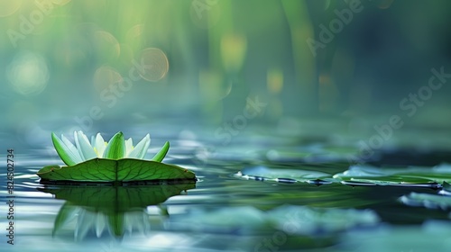 A tranquil close-up of a lily pad floating serenely on a pond, its vibrant green surface reflecting the soft hues of the sky and the gentle ripples of the water.