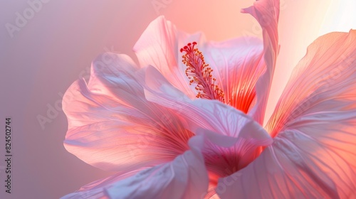 A tropical flower  its petals illuminated by a soft pink fluorescent light  creating a delicate and ethereal aura.