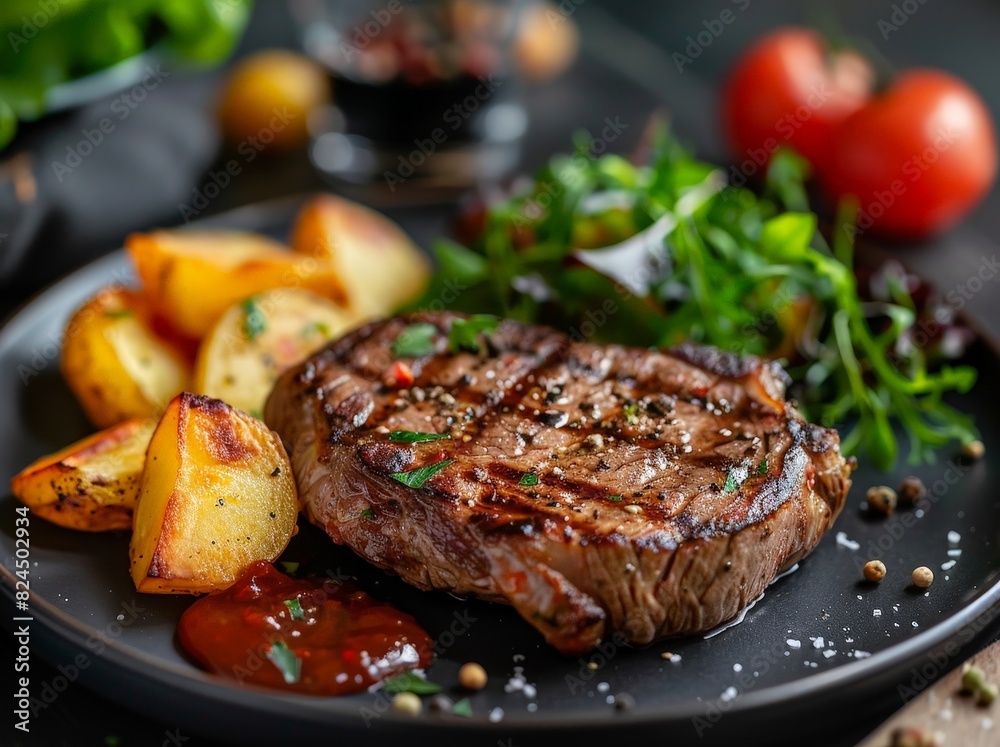 Grilled steak with roasted potatoes and fresh salad Grilled steak with roasted potatoes and fresh salad