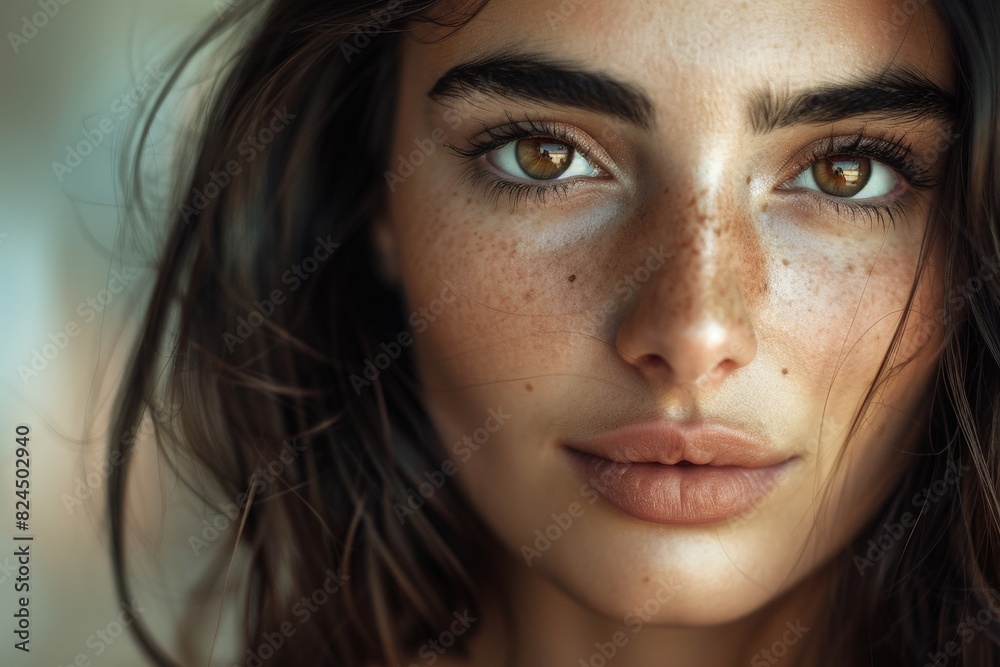 Thoughtful young woman with freckles and long dark hair Thoughtful young woman with freckles and long dark hair