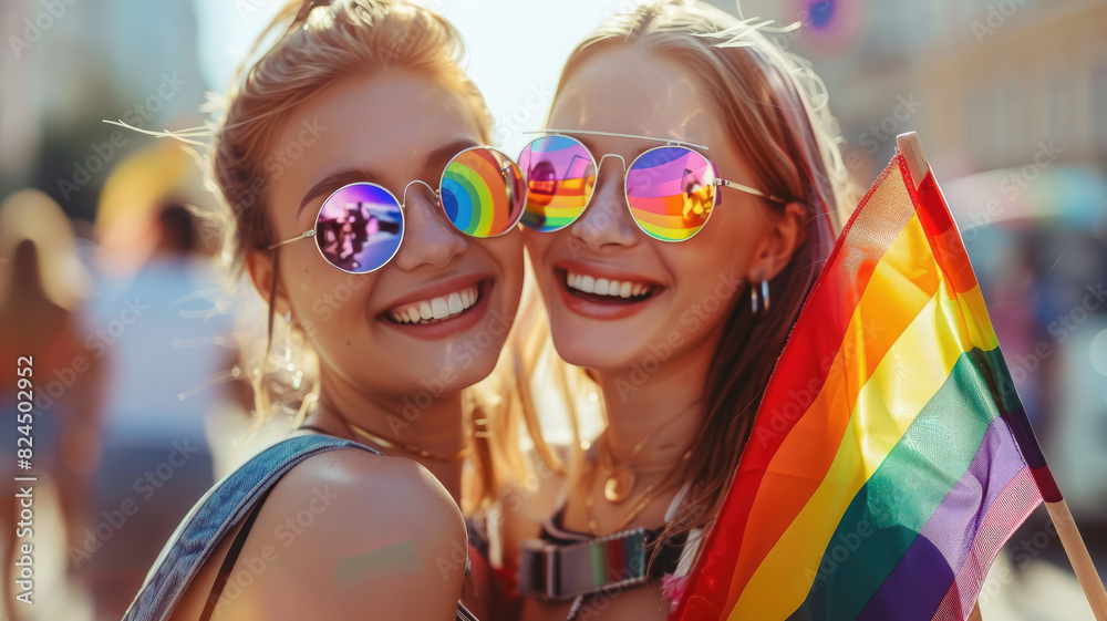 smiling young girl with a rainbow flag at a gay pride march, festival, people, man, boy, makeup, lgbt, June 28, demonstration, non-binary, bisexual, homosexual, person, portrait, parade, action smiling young girl with a rainbow flag at a gay pride march, festival, people, man, boy, makeup, lgbt, June 28, demonstration, non-binary, bisexual, homosexual, person, portrait, parade, action