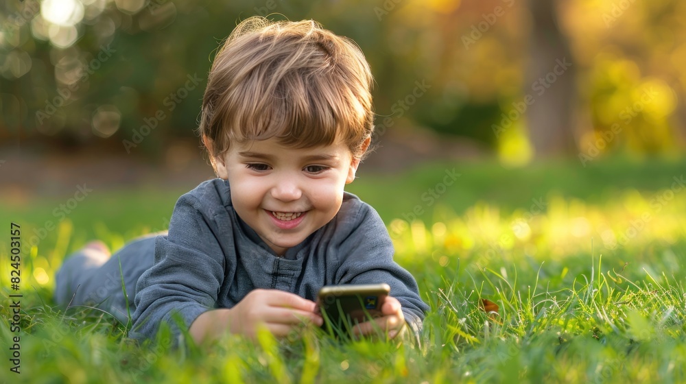 A little boy lies smiling and looks at his phone on the grass in the park. A little boy lies smiling and looks at his phone on the grass in the park.