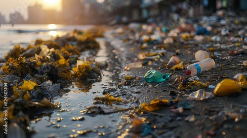 An image capturing plastic pollution with waste on a sandy beach during sunset, highlighting environmental issues photo