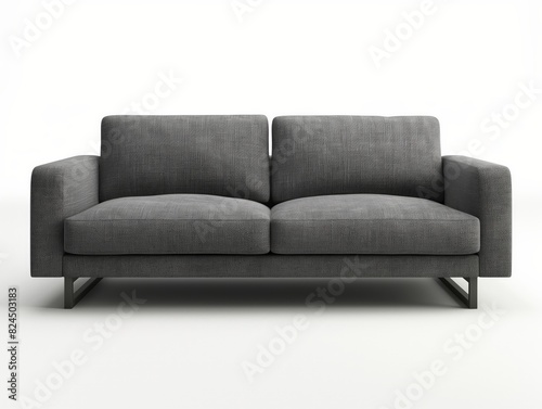 Minimalist gray sofa with clean lines and metal legs, set against a white background. Ideal for contemporary living spaces.