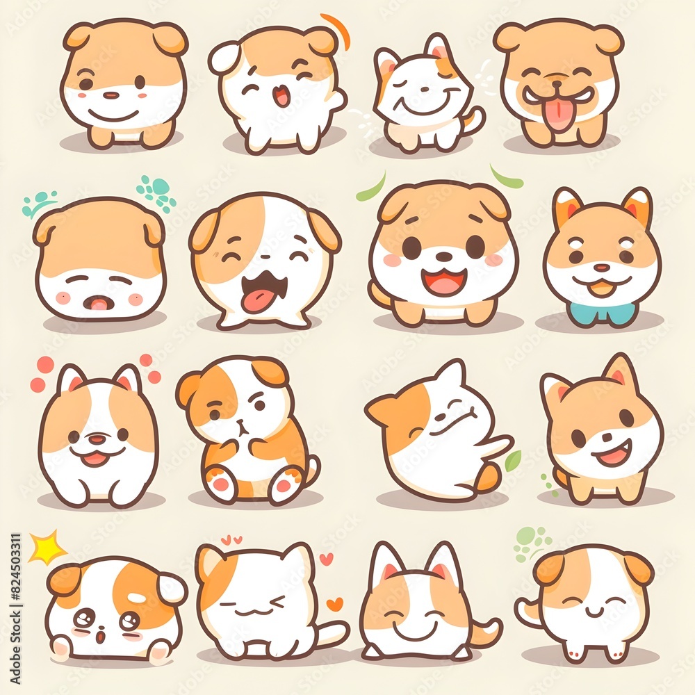 Cute Pastel Puppy Emoticon Pack with Various Expressions and Reactions for Digital Stickers, Icons, and Cute Pastel Puppy Emoticon Pack with Various Expressions and Reactions for Digital Stickers, Icons, and