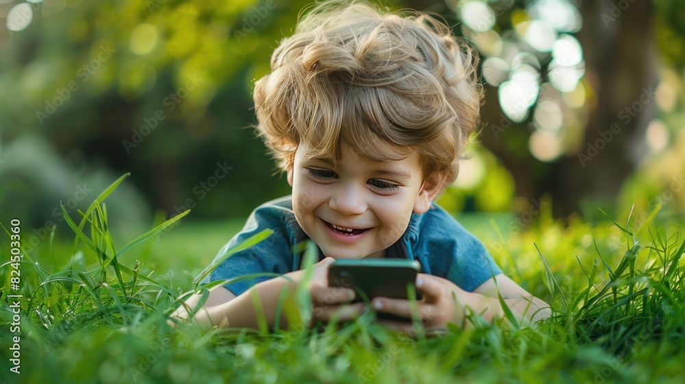 A little boy lies smiling and looks at his phone on the grass in the park. A little boy lies smiling and looks at his phone on the grass in the park.
