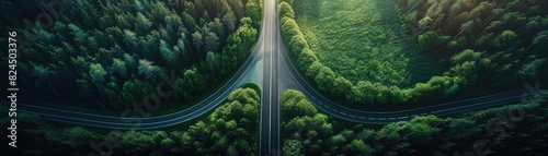Aerial view of a serene highway intersection in a densely forested area  showcasing lush greenery and tranquil natural beauty.