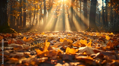 Autumn Splendor  Golden Sunlight Filters Through a Forest Canopy onto Fallen Leaves