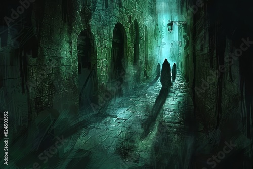 Eerie Gothic Art Depicting Fear in a Dark Alley with Shadowy Figures.