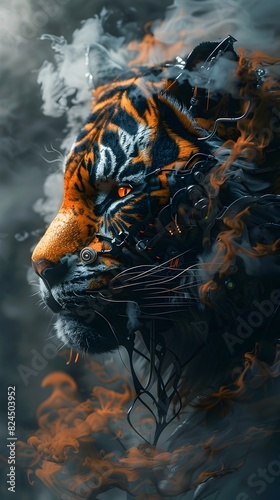 Cybernetic Tiger Warrior Enveloped in Ethereal Smoke Effect