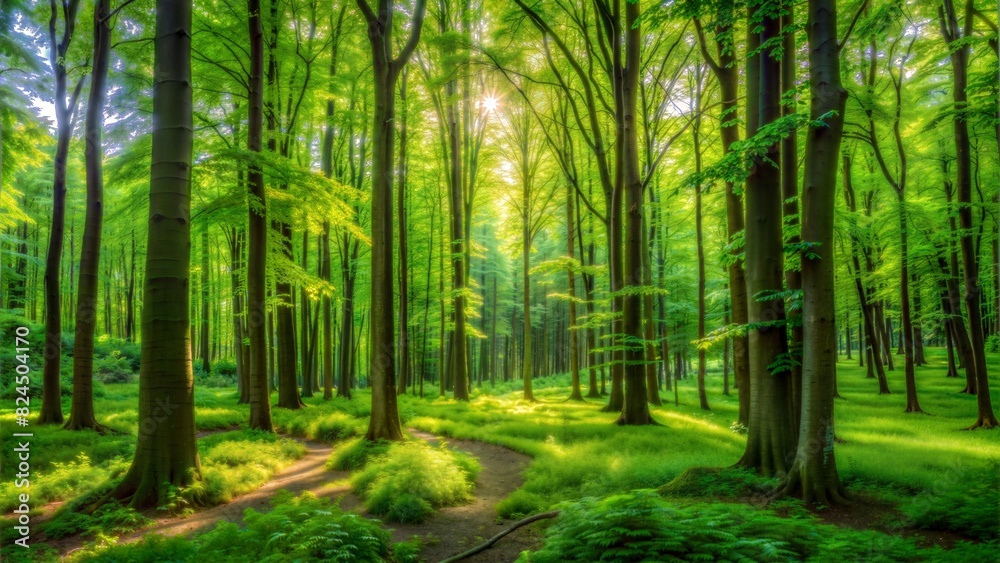 A sunlit path winds through a vibrant green forest in the early morning light