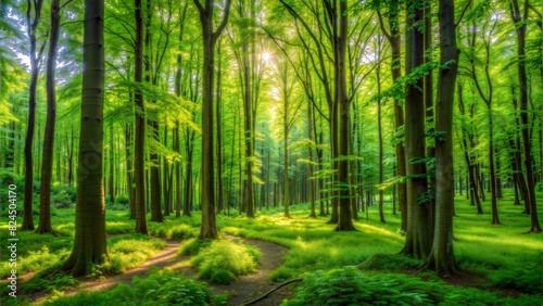 A sunlit path winds through a vibrant green forest in the early morning light