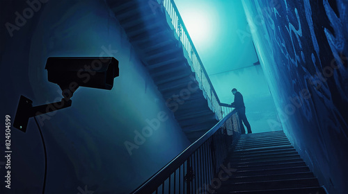 A mysterious figure bravely descends a dimly lit staircase while being watched by a CCTV camera photo