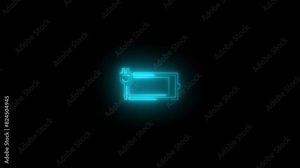 Neon battery charging full icon cyan glowing black background animation Neon battery charging full icon cyan glowing black background animation