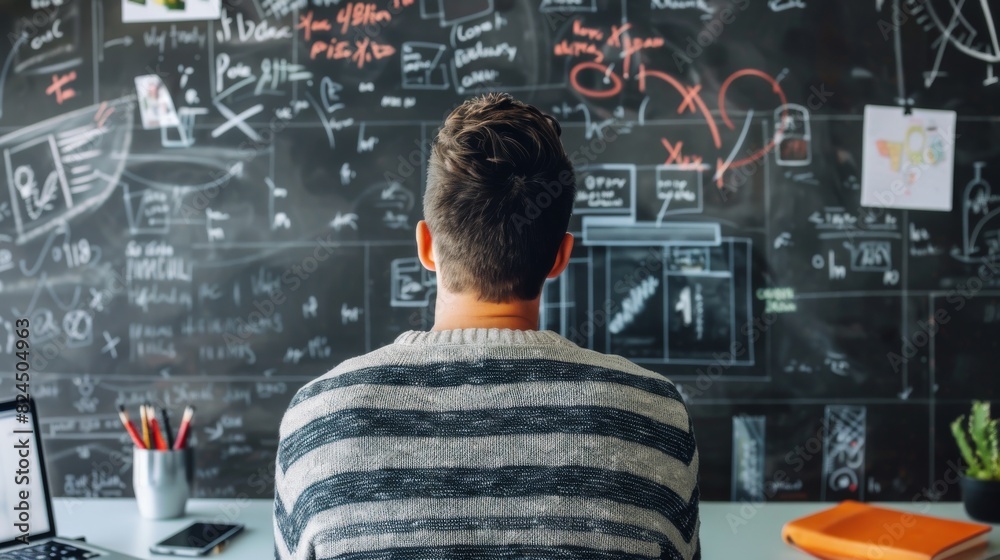 A person viewed from behind, contemplating a complex array of equations on a chalkboard A person viewed from behind, contemplating a complex array of equations on a chalkboard